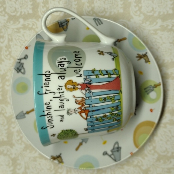Born to Shop Mug Tea Cup and Saucer Garden Friends and Laughter 2009 - Picture 1 of 7